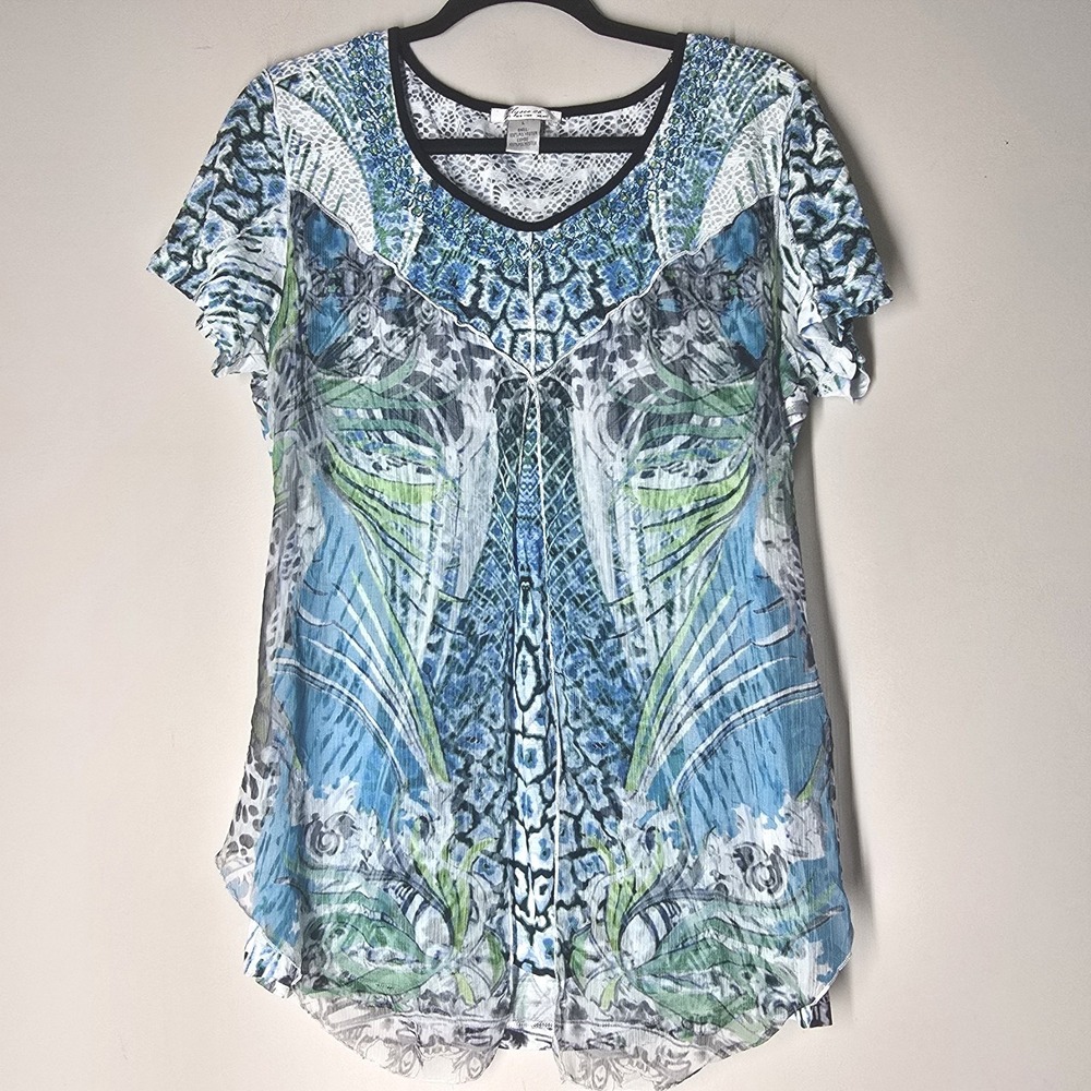 Elysee‎ 26 Artsy Sheer Tunic Top Abstract Beaded Print Fairy Boho Womens L